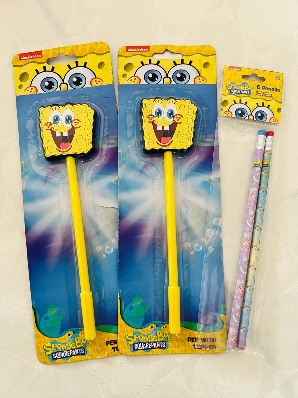 2x Spongebob Topper Pen 10.75" H x 3.4" W x 0.5" D Ballpoint + 2x Pencils